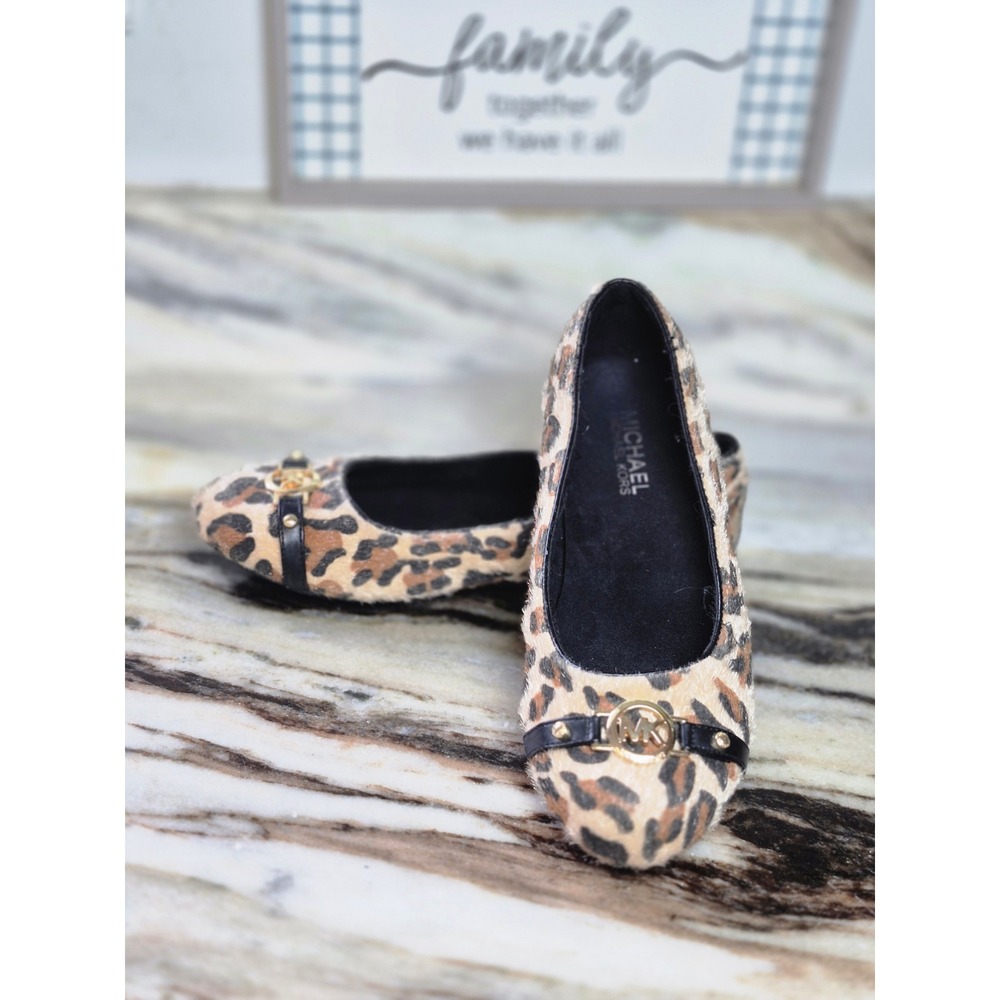 Michael Kors Fulton Gia Cheetah Faux‎ Fur Ballet Flats US 4 Gold MK Logo Brown